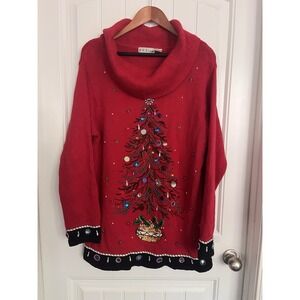 Vintage XL Cowl Neck Ugly Christmas‎ Holiday Knit Beaded Sweater BB